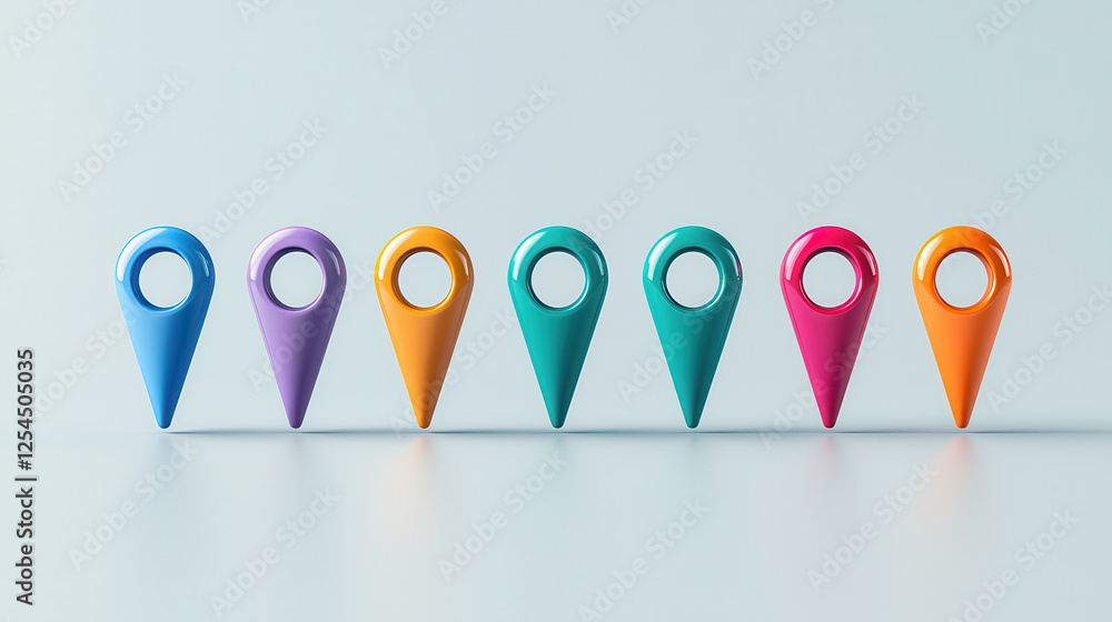 Poster visually striking row of seven glossy location pins in various colors. these vibrant markers are per