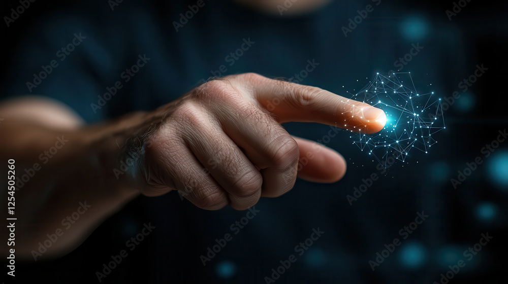 Poster person touching glowing digital node, symbolizing technology and connection. image conveys sense of innovation and interaction with digital elements
