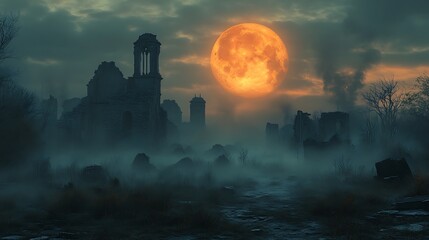 A ghostly fog rolling through a deserted village under a mysterious orange moon