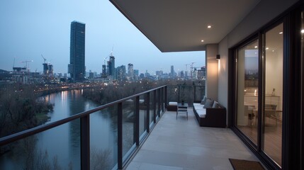 Fototapeta premium Modern balcony overlooking city skyline at twilight
