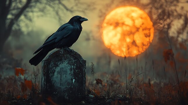 A sinister-looking black raven perched on a broken gravestone under a glowing pumpkin moon