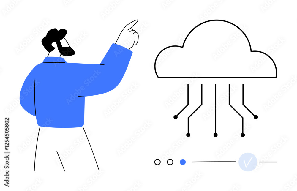 Poster man in blue shirt pointing towards cloud with network connections and settings interface. ideal for 