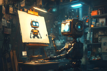 AI Robot Artist Working on a Self-Portrait in a Dimly Lit, Industrial Basement