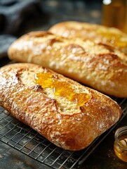 Fresh baked bread with honey drizzle on a wire rack with a jar of honey on a dark surface