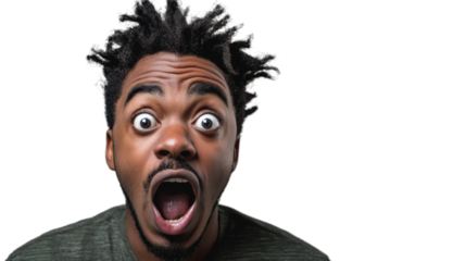 Shocked young man opening his mouth on transparent background