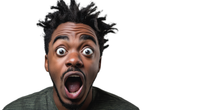 Shocked young man opening his mouth on transparent background