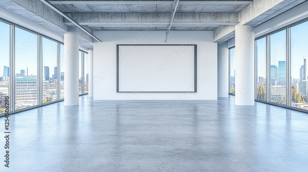 Wall mural Spacious Empty Modern Interior Room with Concrete Flooring and Large Windows Overlooking City