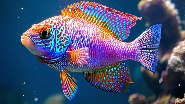 Rainbow Fish in Aquascape:  A vibrant, iridescent fish with vibrant orange, blue, and purple scales swims through a beautifully designed aquarium.  Its intricate patterns shimmer in the water.