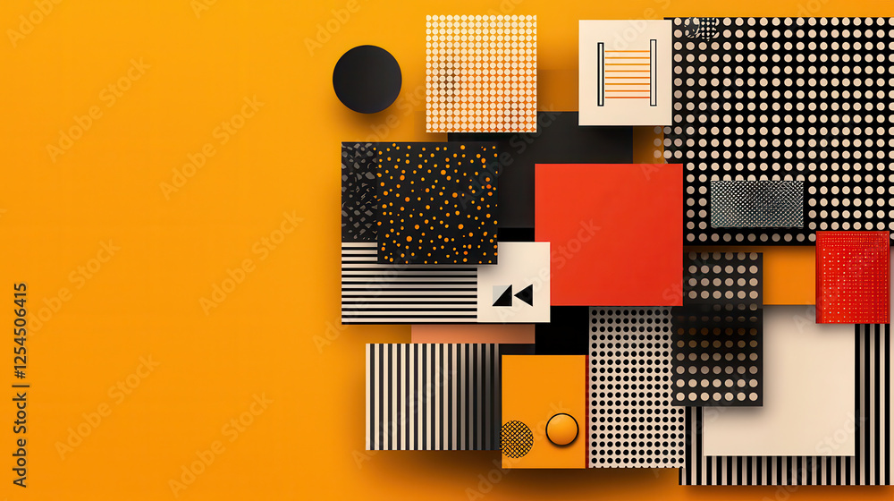 Poster Colorful abstract design featuring geometric patterns and shapes on vibrant yellow background, creating modern and dynamic visual experience