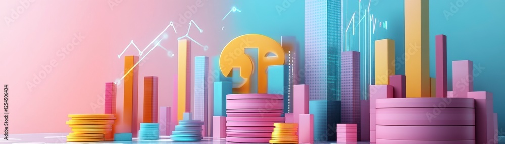 Poster a colorful, abstract representation of financial growth with bar graphs and circular elements agains