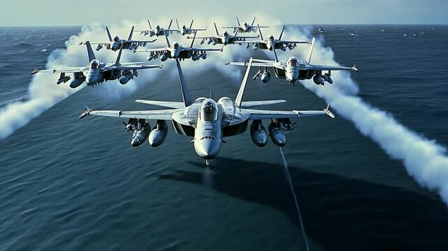 Supersonic Formation: A squadron of fighter jets performs a breathtaking synchronized flight formation over the deep blue ocean, leaving dramatic vapor trails in their wake. The scene exudes power.