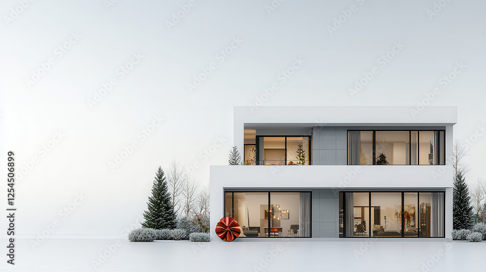 Poster modern two story house with large windows, surrounded by snow covered trees and minimalist landscape