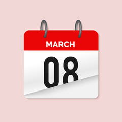 8th March daily calendar icon template. March 8 day calendar design. Single day calendar in vector illustration flat style.