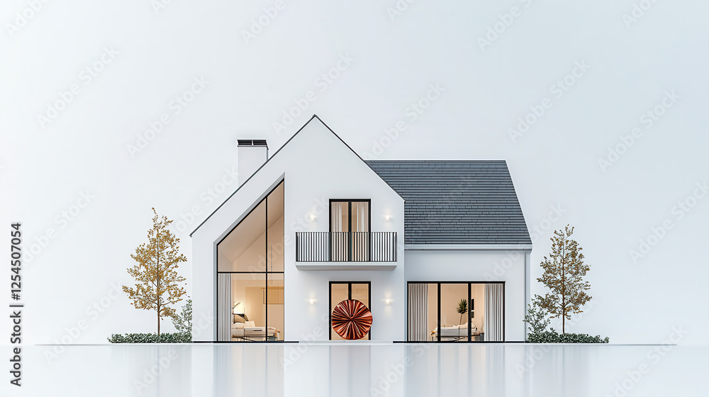 Poster modern single story house with large windows and minimalist design, featuring unique red circular de