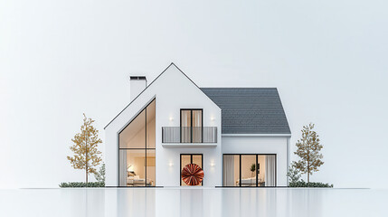Modern single story house with large windows and minimalist design, featuring unique red circular decoration and surrounding greenery