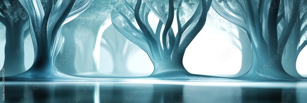 Poster glowing reflections in a glass forest with abstract tree shapes creating a serene atmosphere. genera