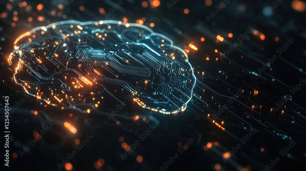 Poster Exploring the intricacies of an abstract digital brain with glowing circuits and wires illuminated in vibrant colors. Generative AI