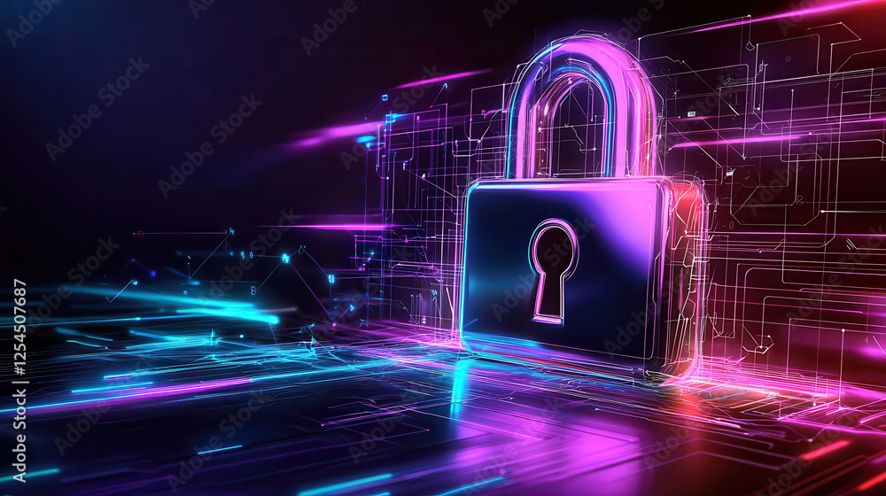 Poster secure digital lock symbolizes cyber protection in vibrant, futuristic setting. glowing lines and circuits emphasize importance of digital security and data safety