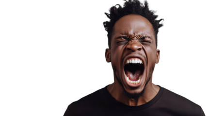 Young man shouting with transparent background: frustration and anger concept