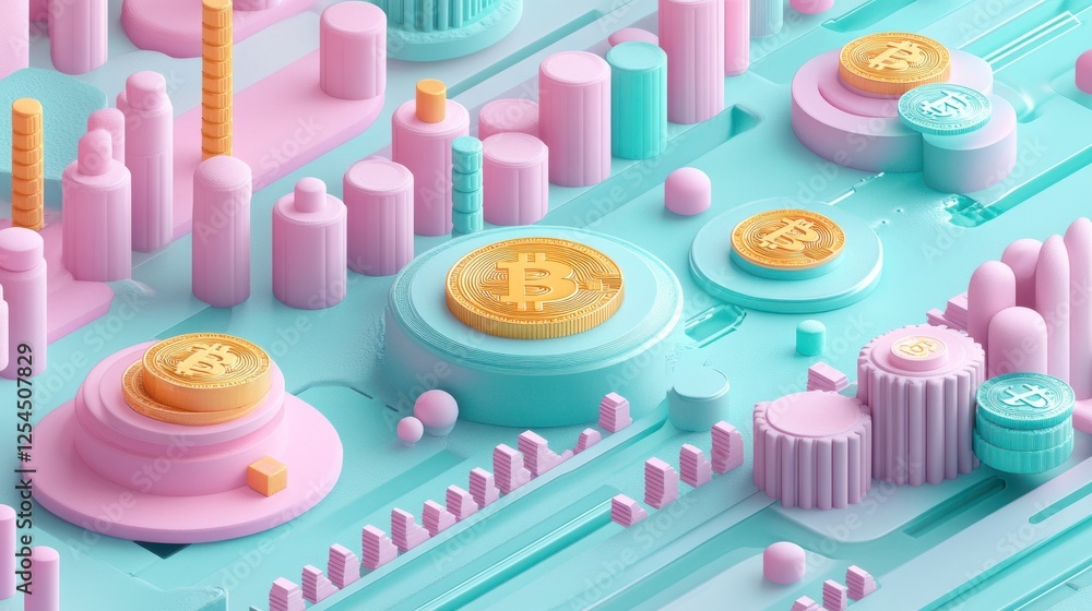 Poster a vibrant 3d representation of cryptocurrency with colorful coins and structures, emphasizing a futu