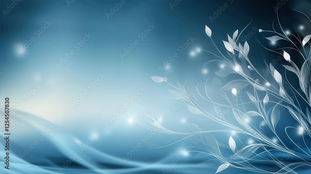Poster delicate swirling filigree line art background in metallic blue tones, featuring elegant leaves and 