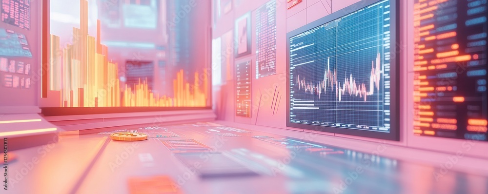 Poster A futuristic trading room featuring multiple screens displaying colorful financial graphs and data analytics.