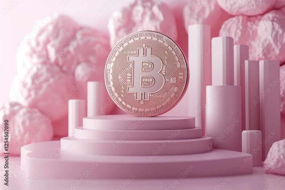 Poster a shiny bitcoin coin displayed on pink geometric platforms, surrounded by soft textures, creating a 