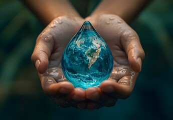 Hand hold water drop with earth. world after day. earth day