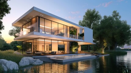 Fototapeta premium Modern luxury minimalist house by the river at evening with warm light scene. AI generated image