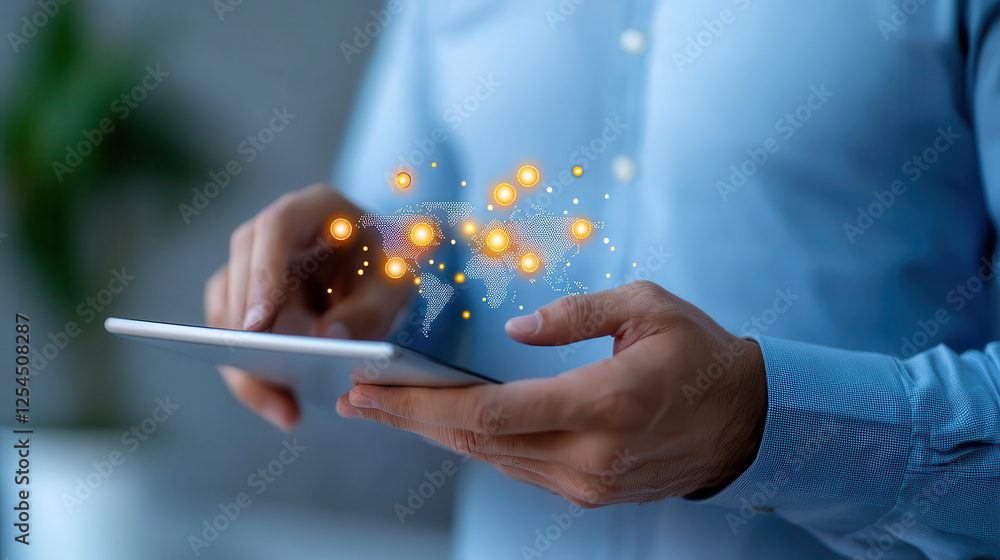 Aufkleber Digital concept of businessman using tablet with glowing network connections. image captures essence of modern technology and global communication