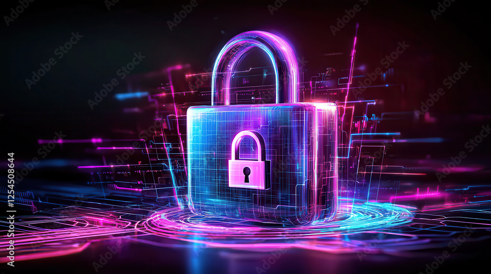 Poster Digital visualization of cyber security featuring 3D lock in vibrant colors, symbolizing protection and data security in technological environment
