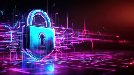Digital visualization of cyber security featuring 3D lock symbol, glowing in vibrant colors against futuristic background. This represents data protection and technology