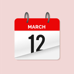 12th March daily calendar icon template. March 12 day calendar design. Single day calendar in vector illustration flat style.
