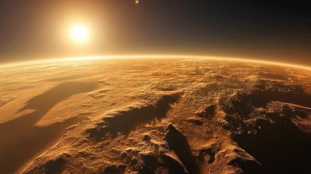 View of Martian landscape at sunrise showcasing rocky terrain and distant sun over horizon
