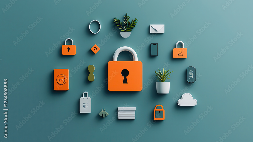 Poster digital firewall concept with central lock icon surrounded by various security symbols, plants, and 