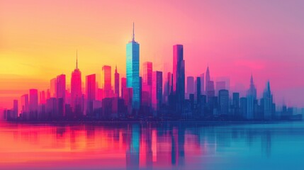 Vibrant City Skyline at Sunset with Reflections on Water Surface
