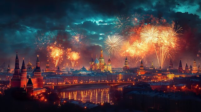 Festive Fireworks Display Over Moscow Kremlin Cityscape