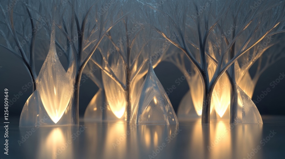 Leinwandbilder glowing reflections illuminate abstract glass forest with unique tree shapes at dusk. generative ai