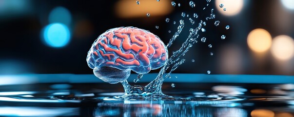 A vivid image of a brain splashing in water, symbolizing creativity and knowledge, set against a blurred, colorful background.