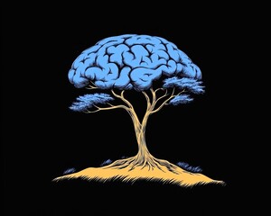 A creative illustration of a tree with a brain-shaped canopy, blending nature and intellect against a dark background.