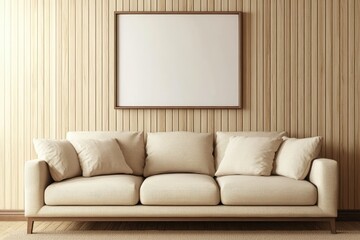 Beige sofa, blank frame, wood wall, interior design mockup