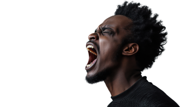 Young man screaming with transparent background