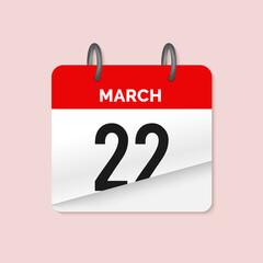 22th March daily calendar icon template. March 22 day calendar design. Single day calendar in vector illustration flat style.