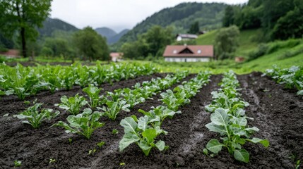 Obraz premium Young Beetroot Plants in Farmland, Misty Mountains Background, Suitable for Stock Photography
