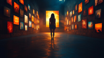 A woman gazes at a social media interface, with blurred, empty background, representing the chaos of digital interaction and the void of connection in a modern, fast-paced world