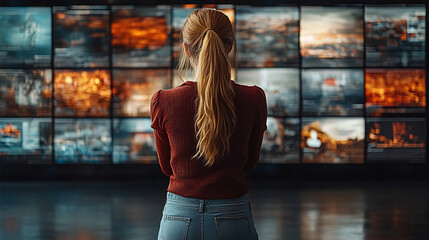 A woman gazes at a social media interface, with blurred, empty background, representing the chaos of digital interaction and the void of connection in a modern, fast-paced world
