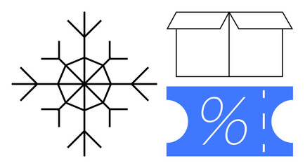 Snowflake symbolizing winter, open box indicating shipping or unboxing, and blue discount ticket with percentage symbol. Ideal for winter sales, e-commerce, discounts, promotions, shipping, unboxing