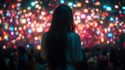 A woman gazes at a social media interface, with blurred, empty background, representing the chaos of digital interaction and the void of connection in a modern, fast-paced world