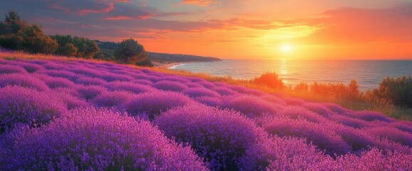 Fototapeta premium Lavender Field Sunset Over Ocean