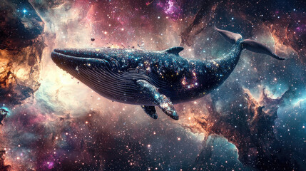 Fototapeta premium A majestic whale swims through a vibrant cosmic landscape filled with stars and nebulae